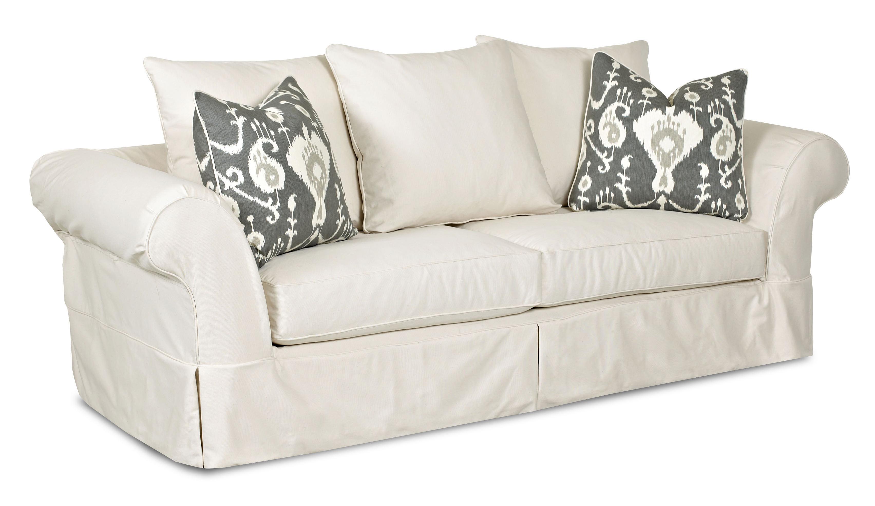 Klaussner Charleston Sofa with Scatterback Pillows and Rolled Arms